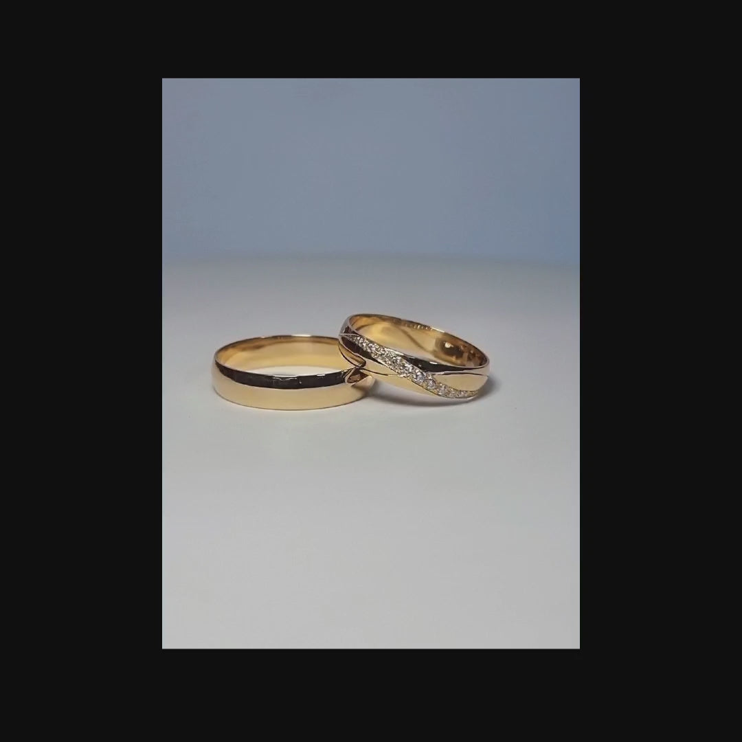 RINKU: Argollas de matrimonio en oro Rosado 18kilates +10 brillantes de 1 mm, con 2 líneas onduladas enlazadas