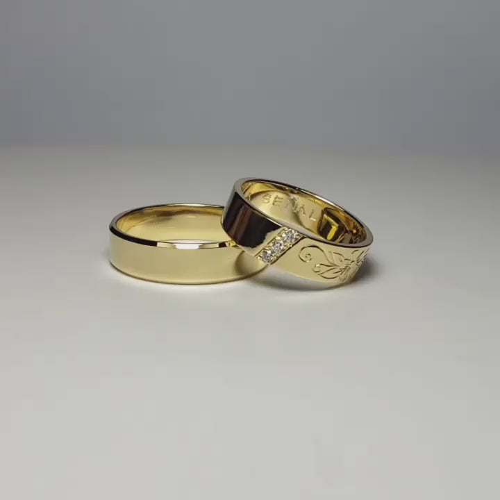 SPRING: Argollas de Matrimonio en Oro Amarillo 18kilates grabado a mano de flores + 3 brillantes de 1 mm